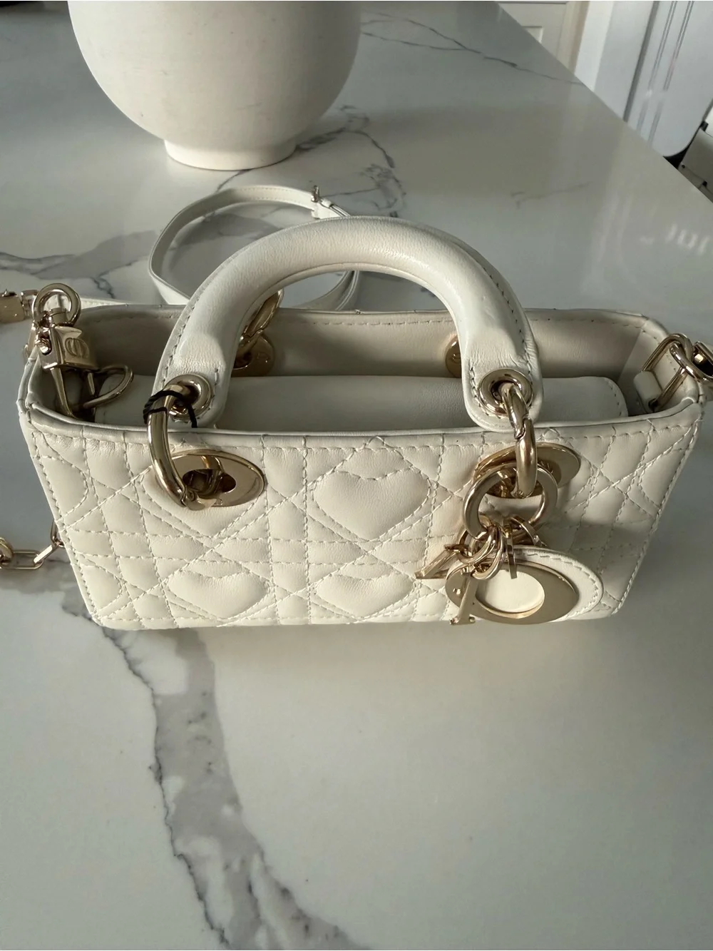Dior Cream Quilted Mini Top-Handle Crossbody with Gold Hardware